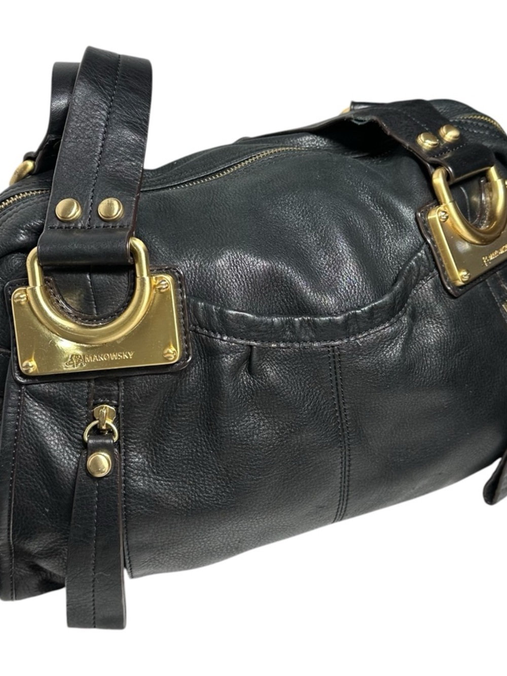 b. makowsky Black Leather Gold Logo Hardware Montgomery Shoulder Satchel Bag - Picture 4 of 14